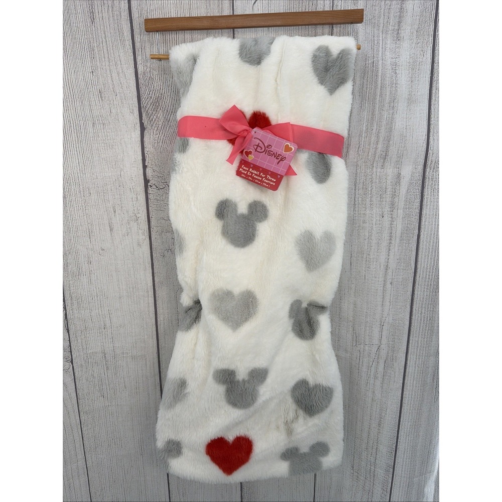Disney Mickey Mouse Throw Blanket 50x70 White Gray Valentines Faux Rabbit Fur
